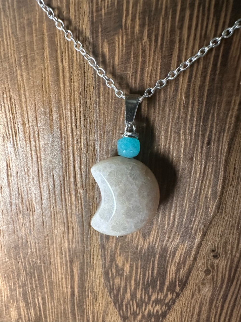 Small Coral Fossil Crescent Moon Charm Pendant Necklace, Amazonite and Silver - Picture 6 of 13